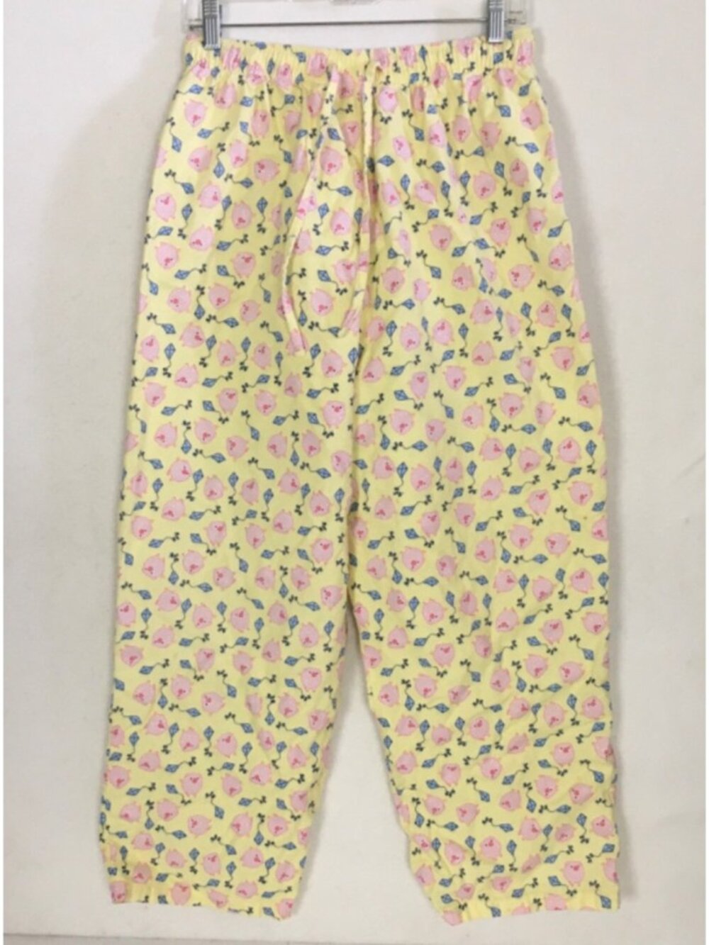 Vanity Fair Pajama Bottoms Size XL Yellow with Pink Pigs Blue Kites Pockets